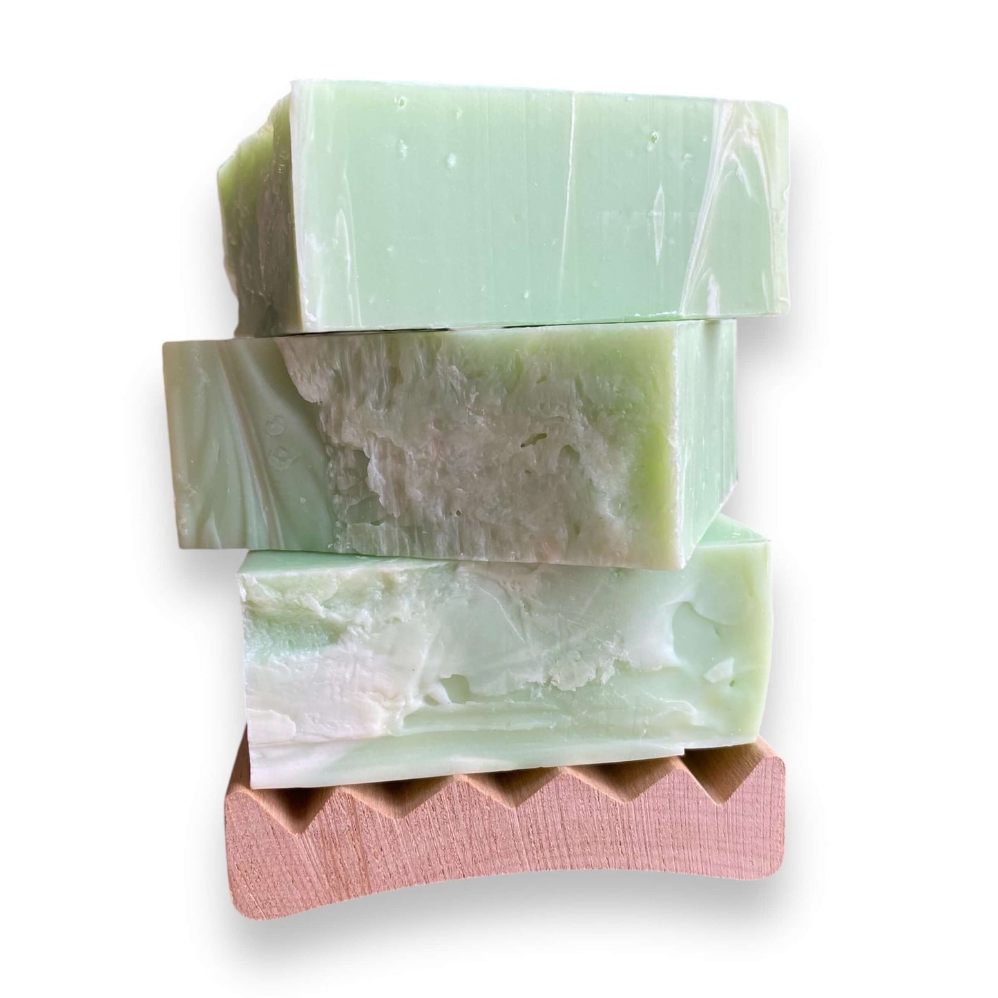 a stack of three bars of Frosted Aloe soap by Brick Box Natural Soap Company