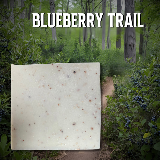 A bar of Blueberry Trail soap with a woodland path background