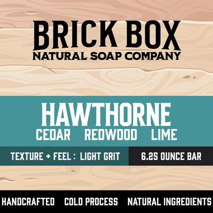 HAWTHORNE soap bar design featuring cedar, redwood, and lime on natural wood background.