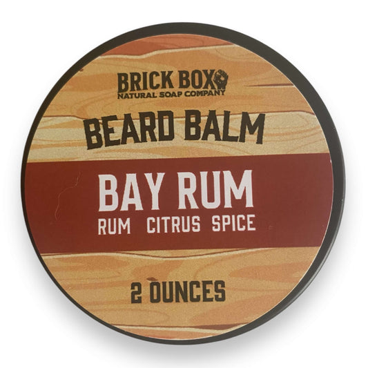 a tin of Bay Rum Beard Balm by Brick Box