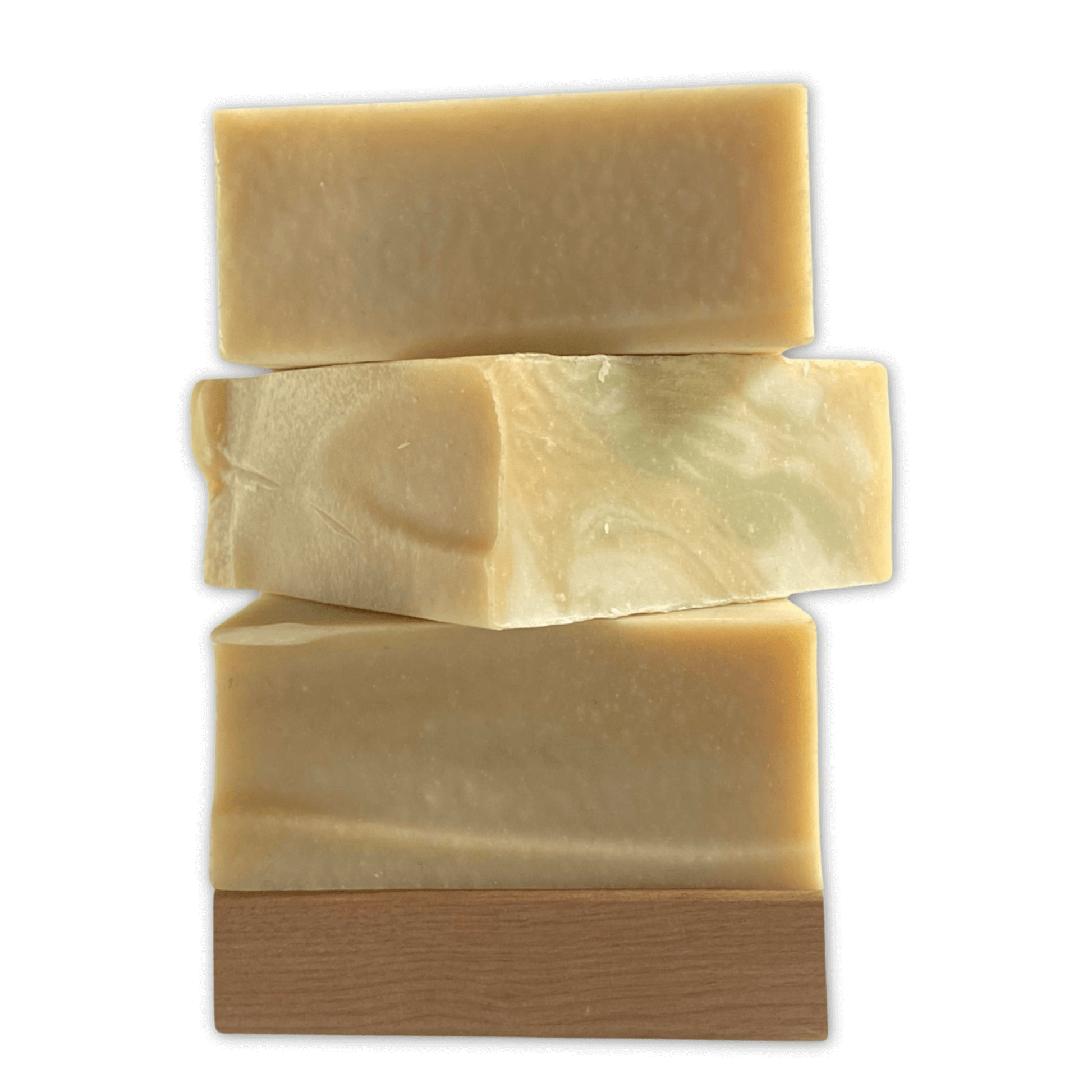 a stack of three bars of Bay Rum Soap by Brick Box Natural Soap Co.