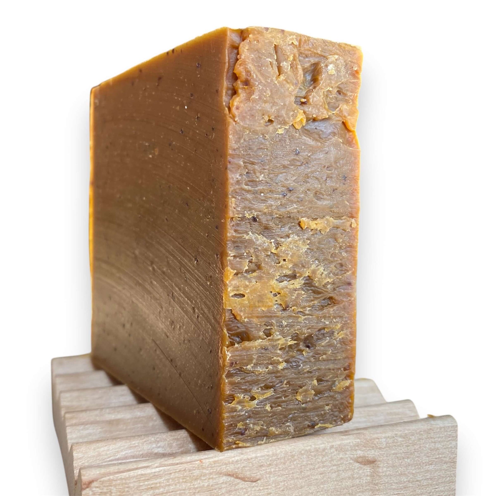 an angled view of Whiskey Barrel Soap by Brick Box