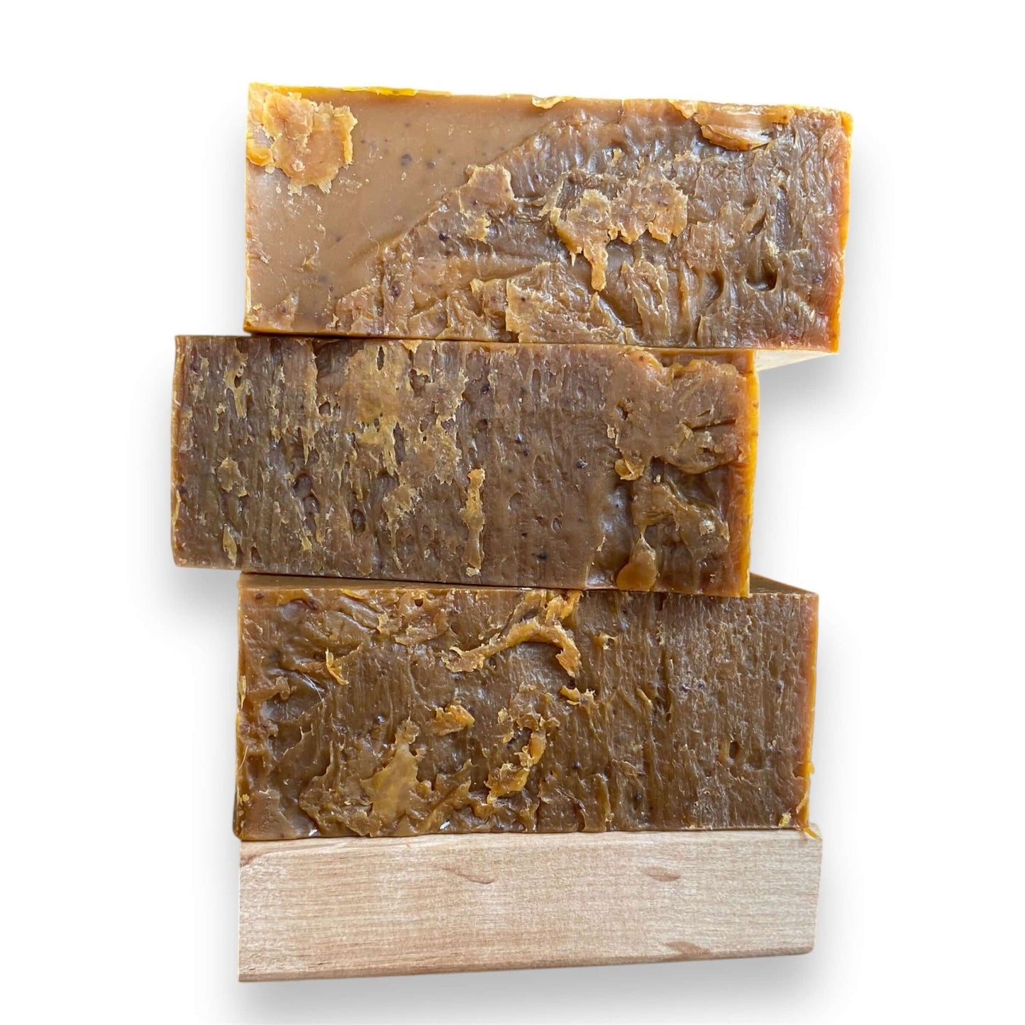 a stack of three Whiskey Barrel soap bars by Brick Box Natural Soap Co.